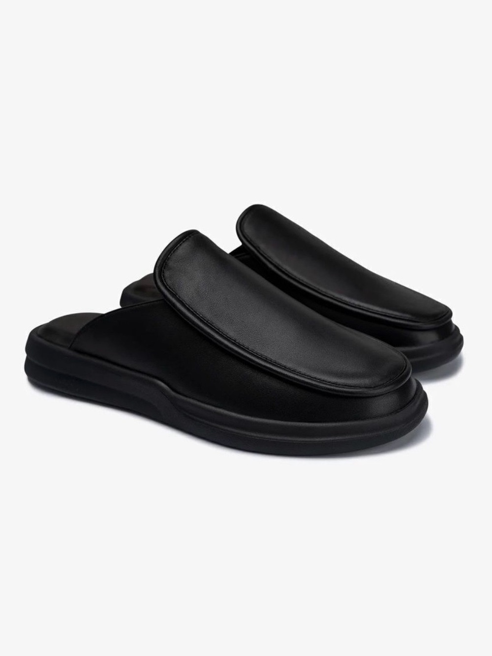 LUSSO Esto Black Smooth Leather Unisex Slides / Slippers